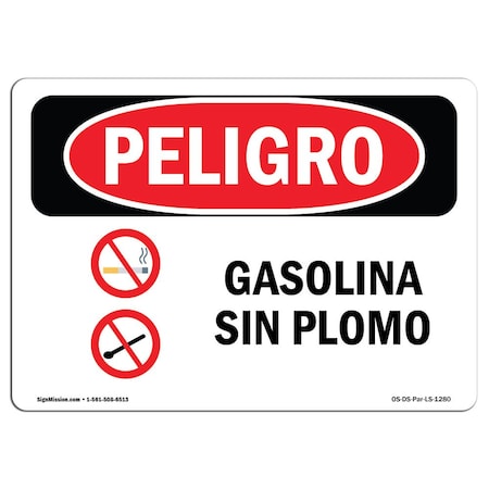 OSHA Danger Sign, Unleaded Gasoline Spanish, 18in X 12in Rigid Plastic